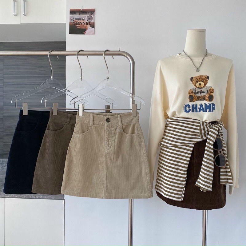 Chân váy chữ A ngắn chất nhung tăm trơn ulzzang