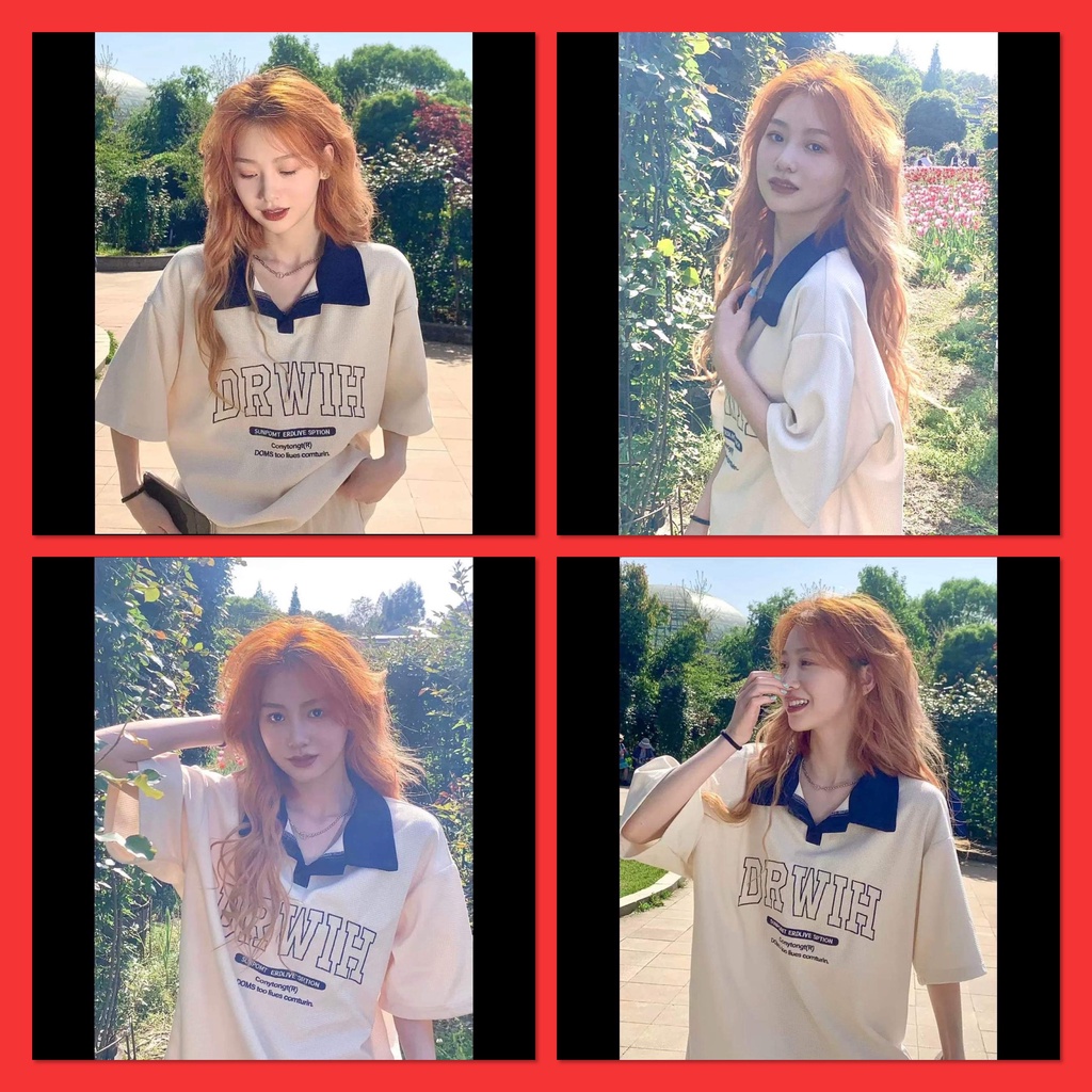 Áo thun POLO Xốp nữ Màu Be tay lỡ có cổ phông form rộng freesize unisex mặc đi học, cặp, nhóm, lớp thêu hình DỄ THƯƠNG