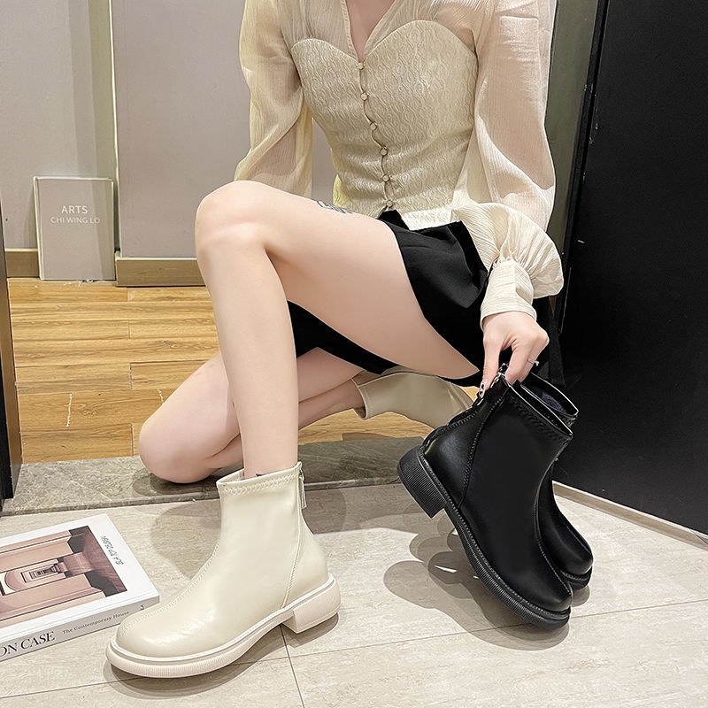 Giày Bốt Martin Da Cổ Thấp Có Khóa Kéo Thời Trang Mùa Thu Cho Nữ