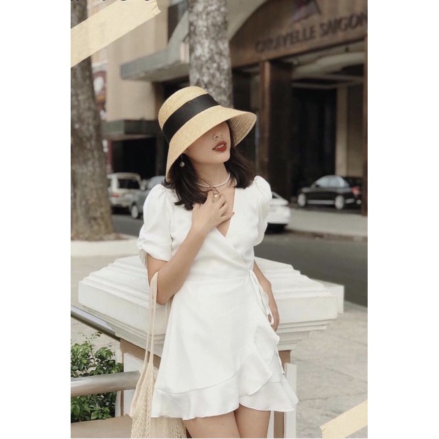 Đầm trắng cổ chữ V đắp chéo tay lỡ bồng - Freesize -Pink moon store | BigBuy360 - bigbuy360.vn