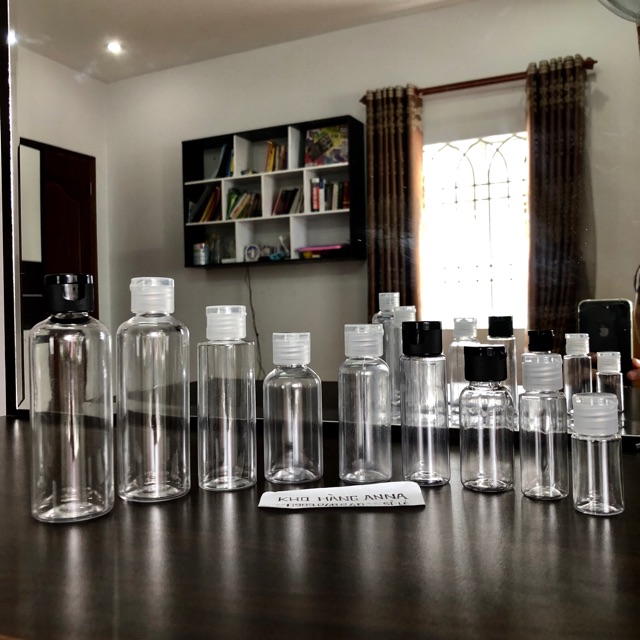 Chai nhựa trong suốt  nắp đen- Vỏ chai Pet nhựa nắp vặn đen đủ kích cở- Chai 500ml/ 300ml/ 200ml/ 100ml/ 50ml/ 30ml 10ml