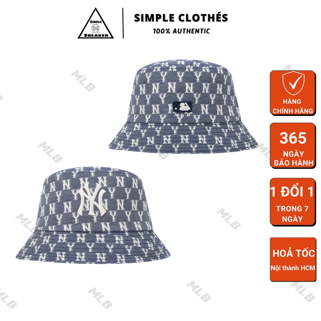 Mũ MLB MONOGRAM BLUE JACQUARD BUCKET HAT 🔥CHÍNH HÃNG🔥Nón Vành Tròn Màu Xanh Bò MLB (32CPHV111) - SIMPLE SNEAKER