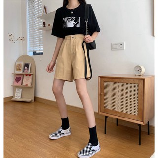 Quần short Unisex ống rộng cạp cao màu kem