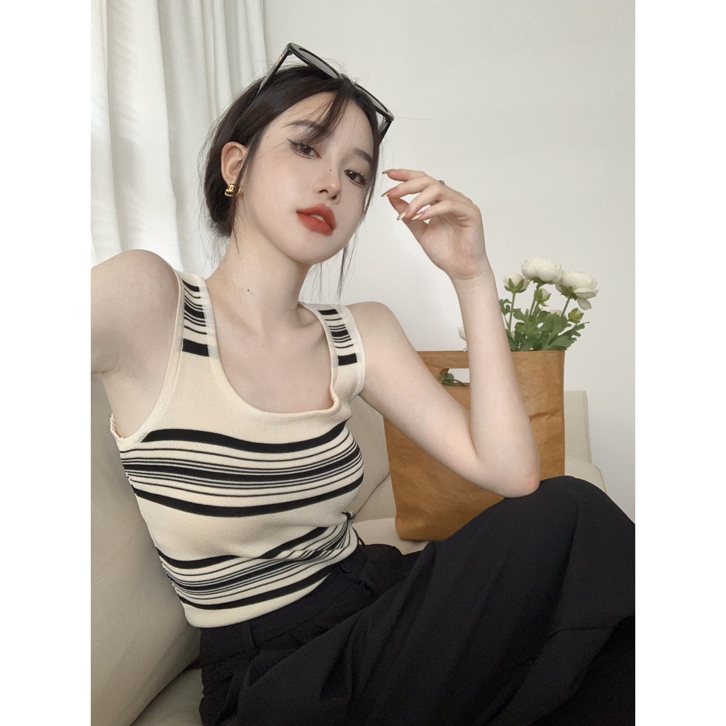 622142#Áo Dệt Kim Không Tay Dáng Ôm Họa Tiết Kẻ Sọc Thời Trang Mùa Hè Cho Nữ
