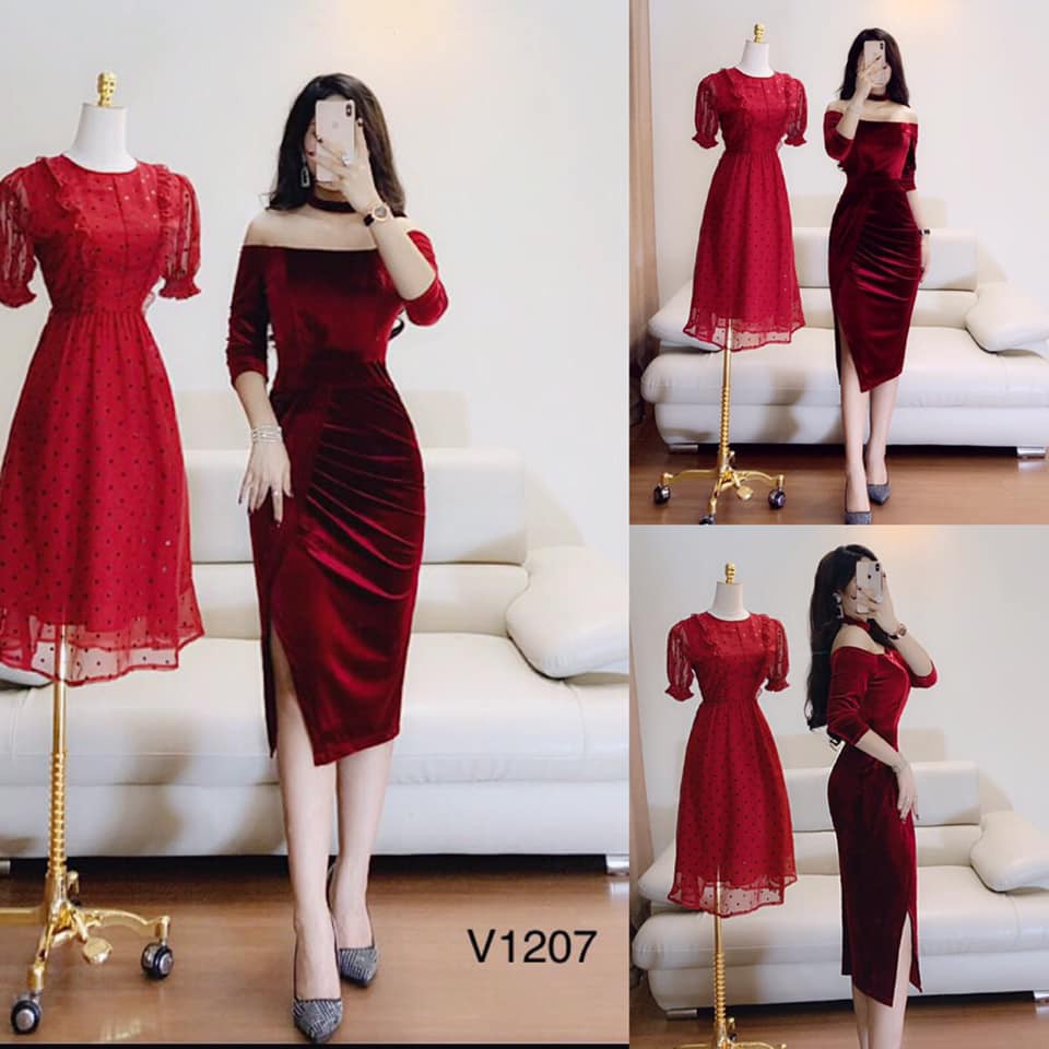Váy body nhung xẻ tà trễ vai (kèm choker nhung cùng màu)