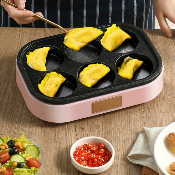 Chảo chống dính 6 Ngăn 6 Lỗ -Trứng Chiên Burger Bít tết Máy làm Bữa sáng Đa chức năng