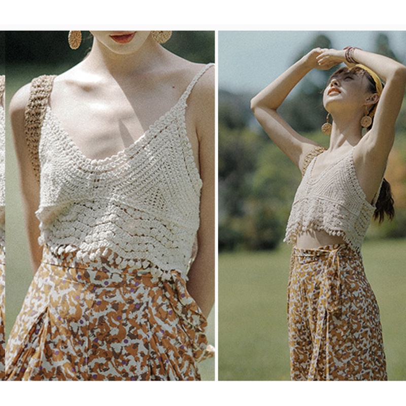 Áo Croptop Dệt Kim Sát Nách Dáng Rộng Cổ Chữ V Hở Lưng Viền Tua Rua Họa Tiết Kẻ Sọc Phong Cách Bohemian Thời Trang Đi Biển Cho Nữ