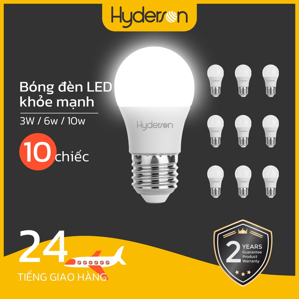 Set 10 bóng đèn led E27 Hyderson 3W 6W 10W tiết kiệm năng lượng nhiệt độ màu 6500K trang trí nội thất tiện dụng