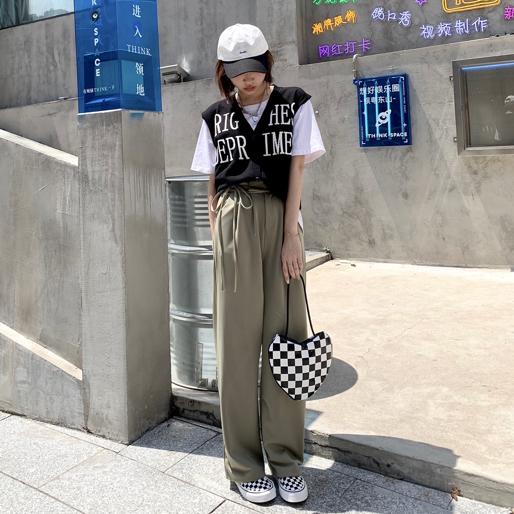 Ethelgirl Quần Dài Ống Rộng Lưng Cao Phong Cách Hàn Quốc Năng Động Thời Trang Cho Nữ