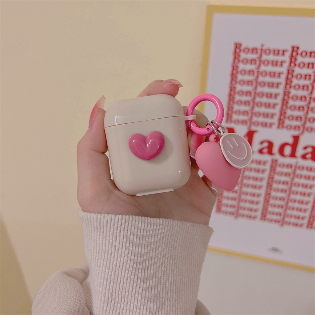 Vỏ Bảo Vệ Hộp Sạc Tai Nghe AirPods Pro 1 2 3 Màu Hồng Đào Phối Mặt Trái Tim Mặt Cười Dễ Thương