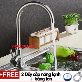 Vòi Rửa Chén Bát Nóng Lạnh INOX 304 V19 và 2 dây nóng lạnh dùng cho 2 hộc chậu