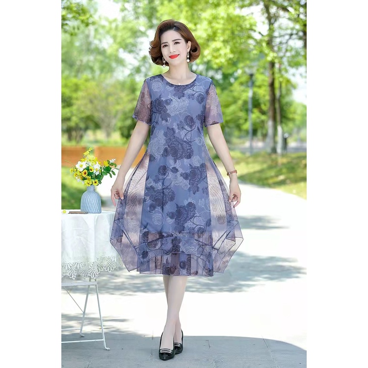 Đầm Hoa Tay Ngắn Dáng Rộng Phối Lưới Plus Size Cho Phụ Nữ Trung Niên