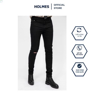 Quần Jeans Nam Holmes Đen Trơn Rách Gối Phong Cách Đường Phố Trẻ Trung