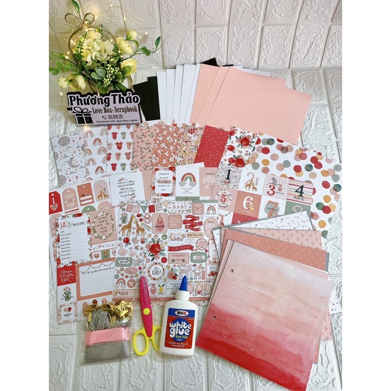 Combo nguyên liệu làm srcapbook - Album ảnh handmade kích thước 21cmx21cm đủ chủ đề định lượng giấy bìa cứng 1000gsm