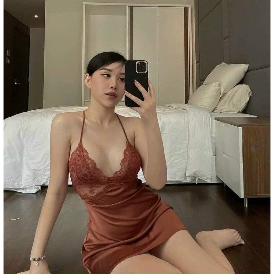 Đầm ngủ hai dây phối ren sexy màu cam cháy trendy, váy ngủ lụa phối ren quảng châu xịn