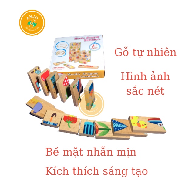 Domino tranh ghép gỗ liên tiếp 28 thanh bề mặt nhẵn mịn, gỗ an toàn, hình ảnh sắc nét kích thích tư duy cho trẻ mầm non