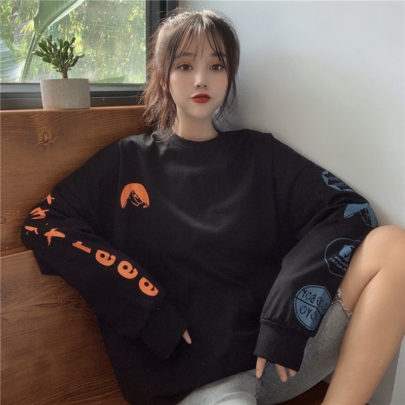 Áo sweater SUXI tay dài dáng rộng in họa tiết xinh xắn cho nữ