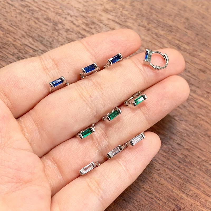 Khuyên Tai Bạc Đính Đá Hình Chữ Nhật Đeo Sát Tai Nhiều Kiểu - XANH BẠC