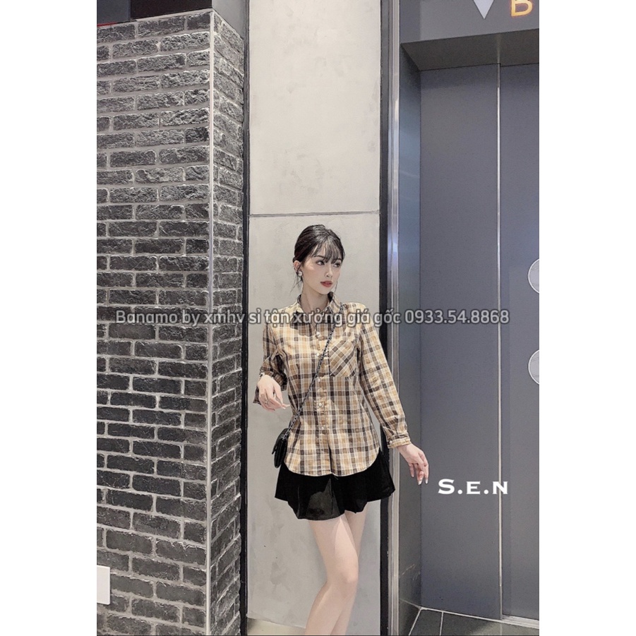 Áo sơ mi nữ dài tay kẻ sọc caro dáng xuông phối túi ngực thời trang Banamo Fashion 3915 | BigBuy360 - bigbuy360.vn