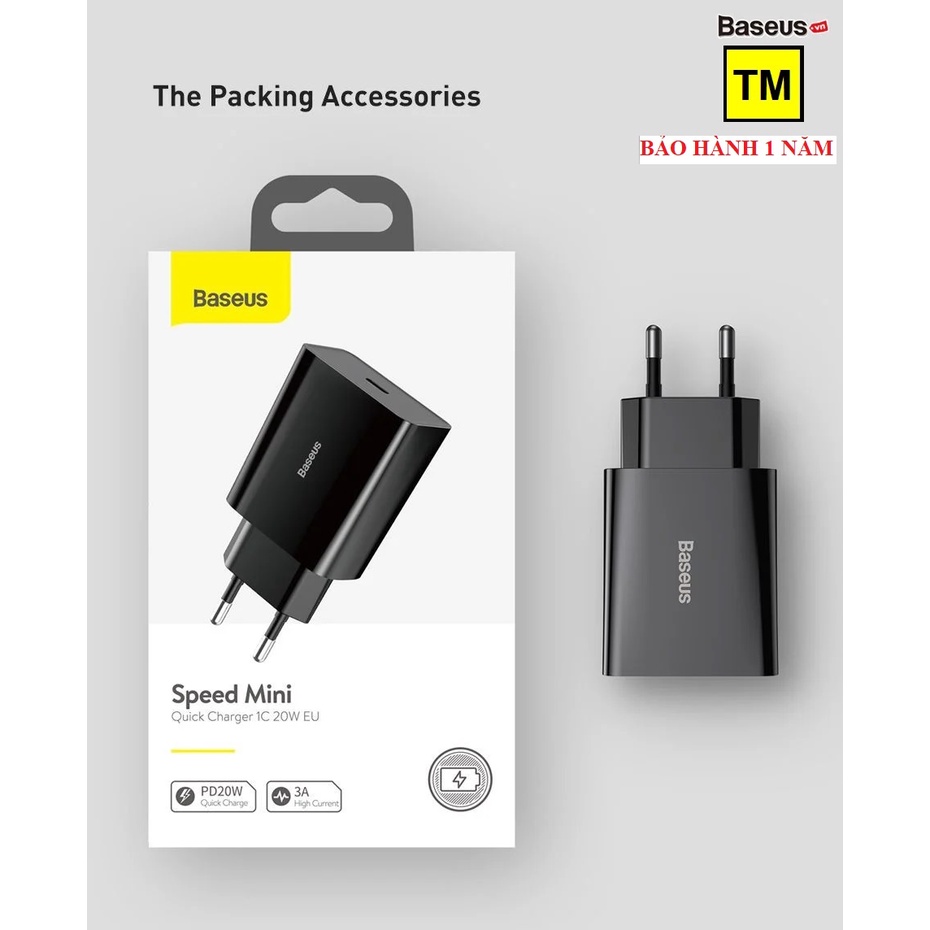Củ sạc nhanh type C trắng/đen Baseus chuẩn EU Quick Charger 20W dùng cho cả Android và iPad Air