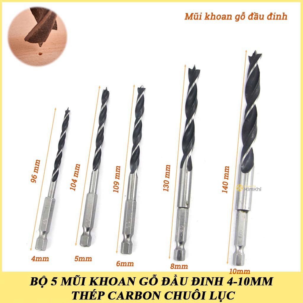 Bộ 5 mũi khoan gỗ đầu đinh 4-10mm thép carbon chuôi lục