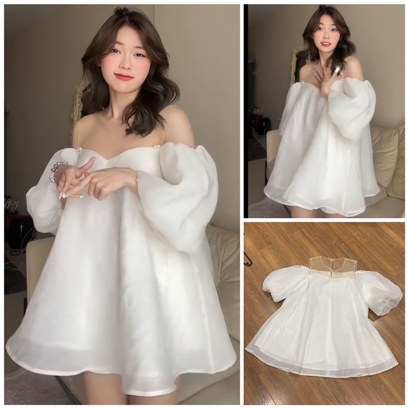 Áo hở vai điệu phối voan 2 lớp tay bồng, Áo tơ phối lưới form rộng thiết kế siêu xinh - ShynCloset