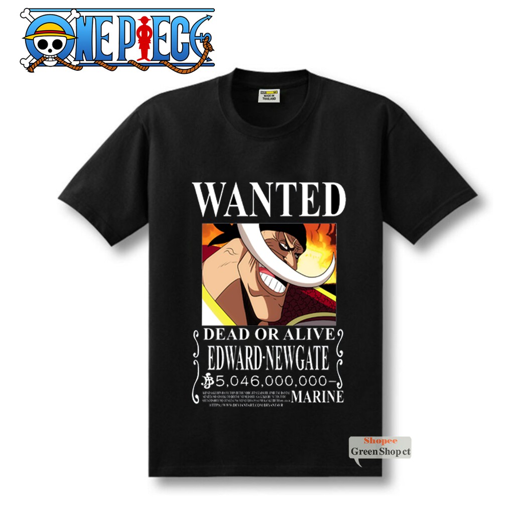 Áo Thun Đen In Hình Wanted Râu Trắng One Piece Vải Thái S092
