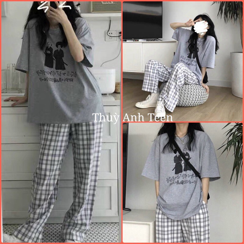 [AMANDA] Set bộ quần kẻ caro kèm áo xám form thụng tay lỡ, set đồ bộ giá rẻ đi học đi chơi | BigBuy360 - bigbuy360.vn