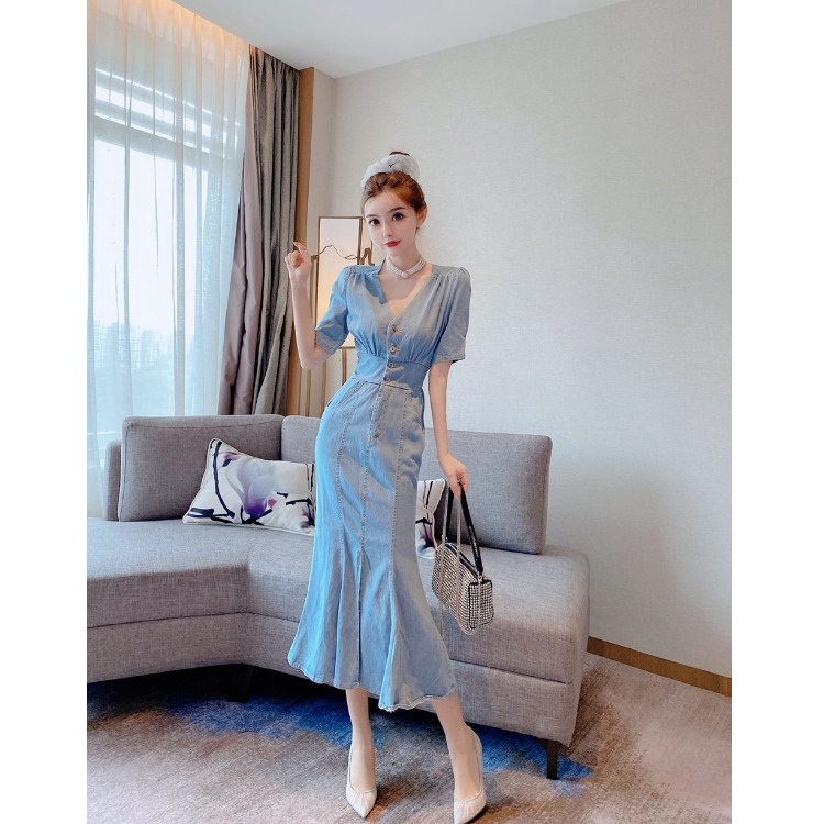 Đầm Denim Cổ Chữ V Xẻ Tà Phong Cách Hong Kong Cho Nữ | BigBuy360 - bigbuy360.vn