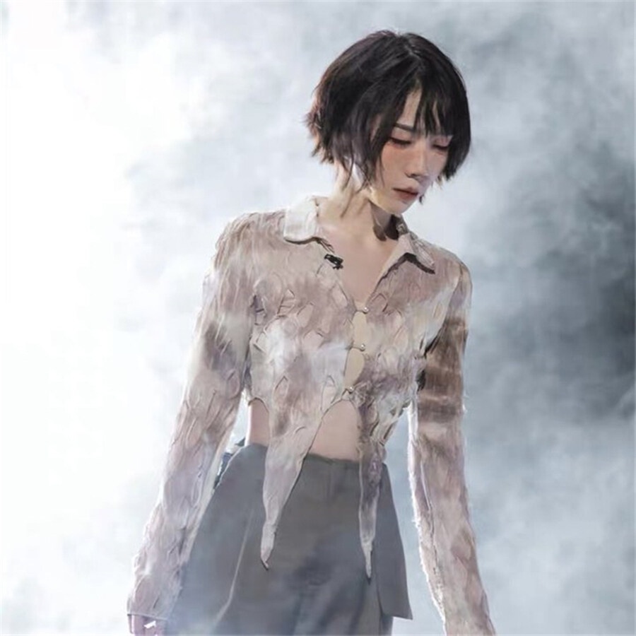 Kliou Áo Lửng Tay Dài Xuyên Thấu Cài Nút Thời Trang Quyến Rũ Cho Nữ