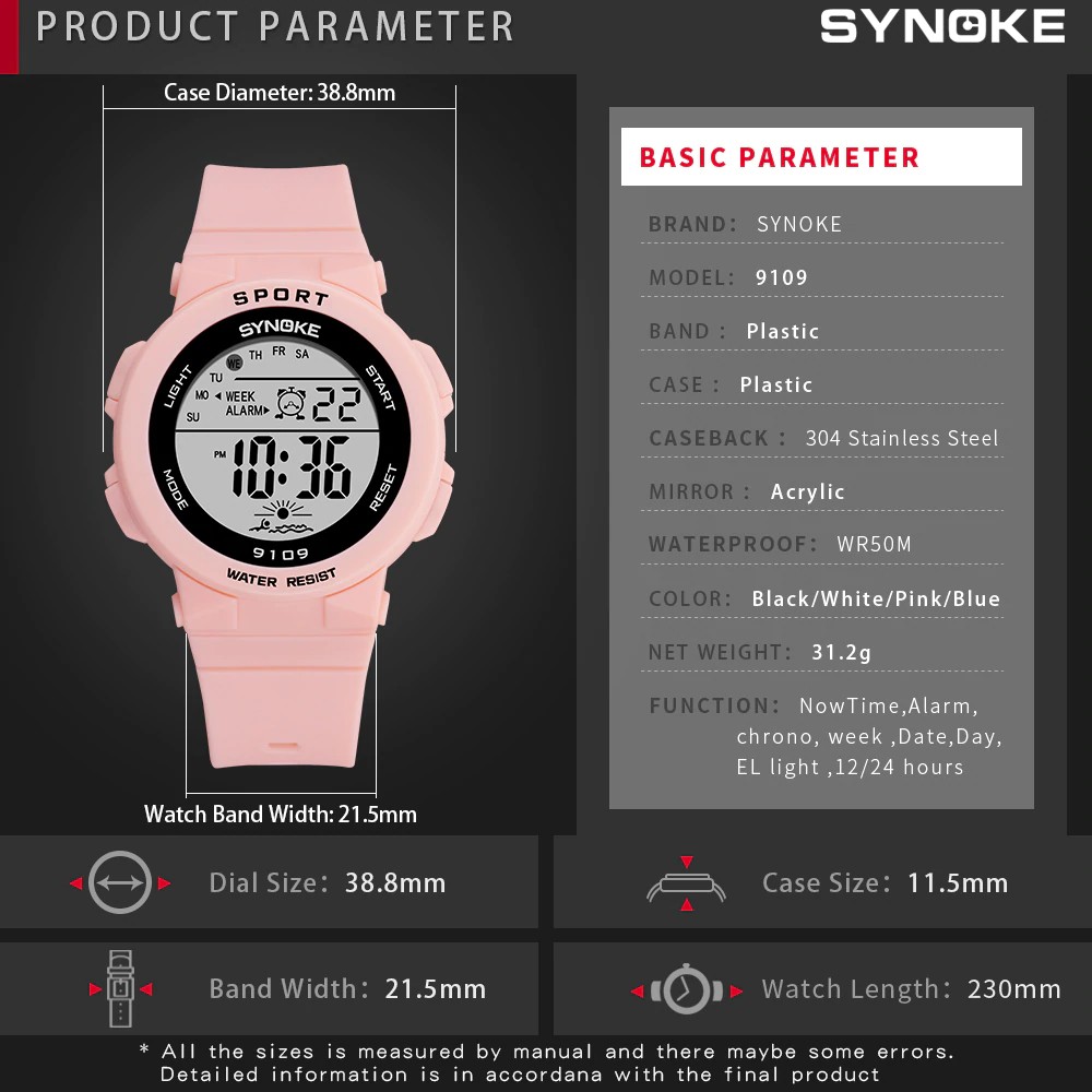 [Mã SRJULY1619 giảm 15K đơn 50K] Đồng hồ điện tử thể thao thời trang trang nữ dây cao su SYNOKE PKHRSNK001 (44 mm)