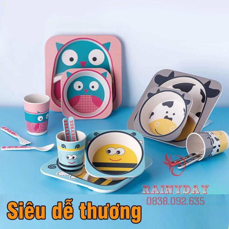 [Freeship - 1 Đổi 1] Bộ bát, chén, khay, muỗng ăn dặm cho bé kiểu nhật kèm thìa dĩa hình thú an toàn cho bé .