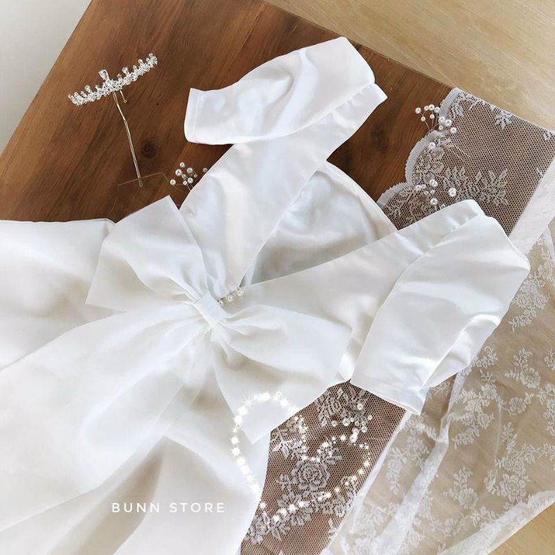 váy trắng cô dâu, váy cưới công chúa dự tiệc cổ vuông khoét lưng thắt nơ sẵn size S, M kèm ảnh thật MS022 | BigBuy360 - bigbuy360.vn