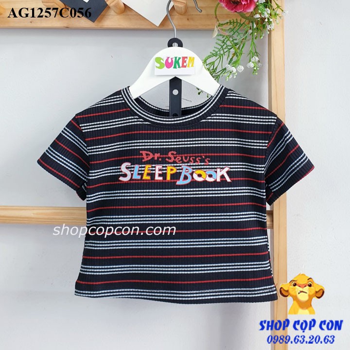 Áo thun sọc croptop chữ sleep Book cho bé gái từ 20kg đến 32kg