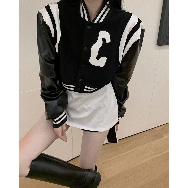 Áo khoác bóng chày dài tay dáng rộng có khóa kéo màu sắc tương phản in chữ độc đáo thời trang mùa thu cho nữ