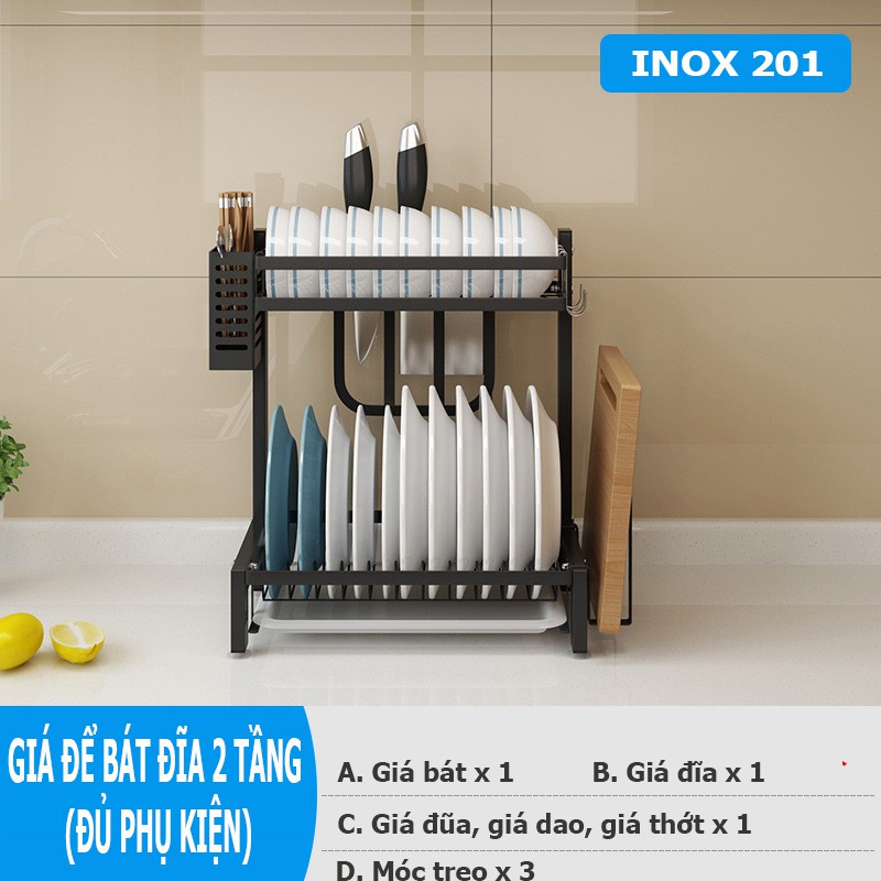 [KỆ INOX] Kệ để chén bát đĩa đa năng, Giá chén bát đĩa, dao, thớt, đũa, móc treo 2 tầng đủ phụ kiện - inox KHALIK