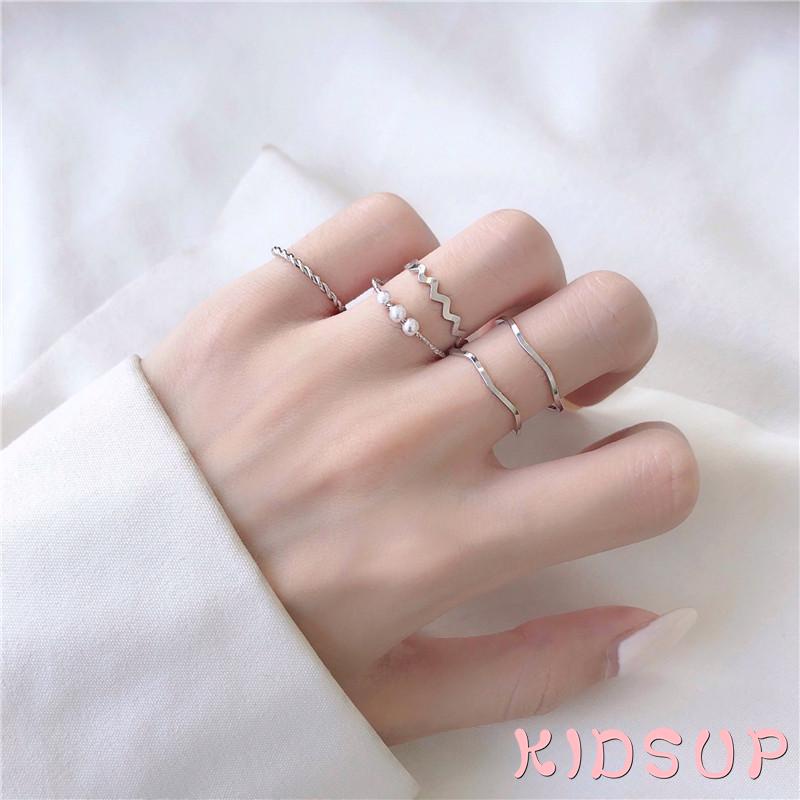 Set 5 nhẫn mạ vàng / bạc đính ngọc trai nhân tạo thời trang cho nữ