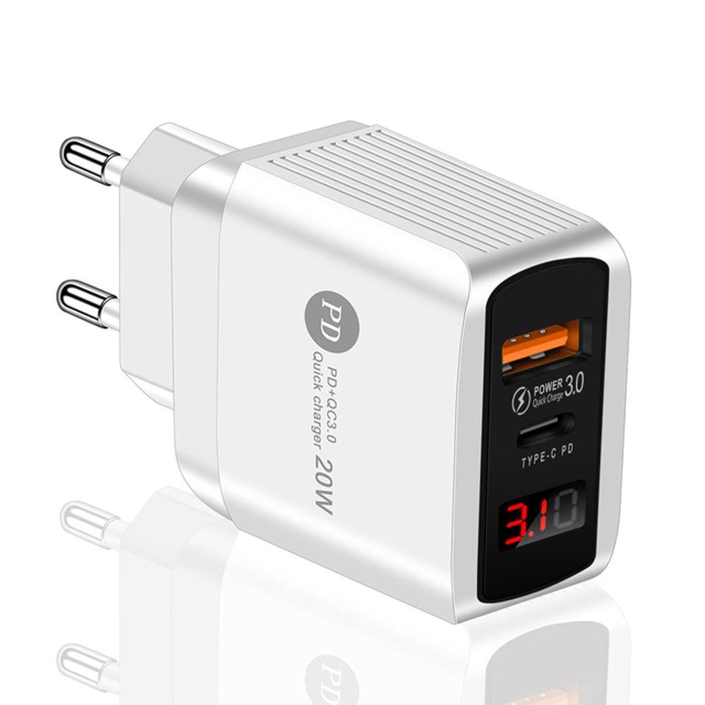 Cốc Sạc Điện Thoại Hai Cổng Type C Có Đèn LED 20W Phích Cắm US / EU / UK