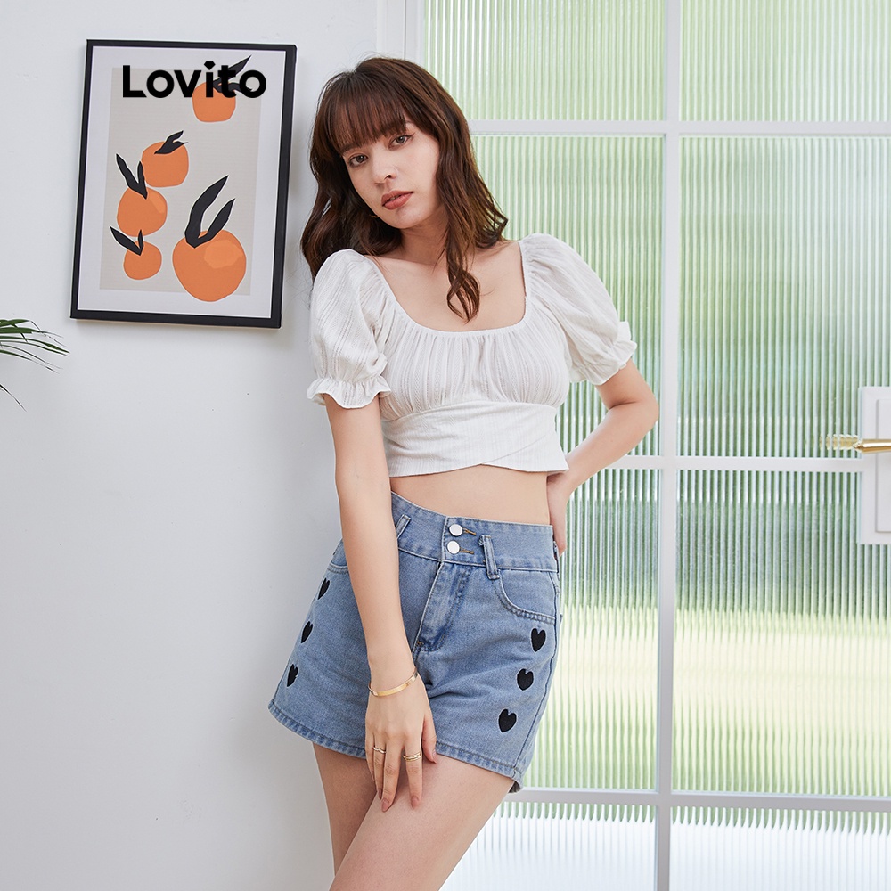Áo Kiểu Lovito Màu Trơn Ôm Dáng Cột Sau Lưng Tay Ngắn Phồng Viền Xếp Nếp Thường Ngày L04180 (Màu Trắng) | BigBuy360 - bigbuy360.vn