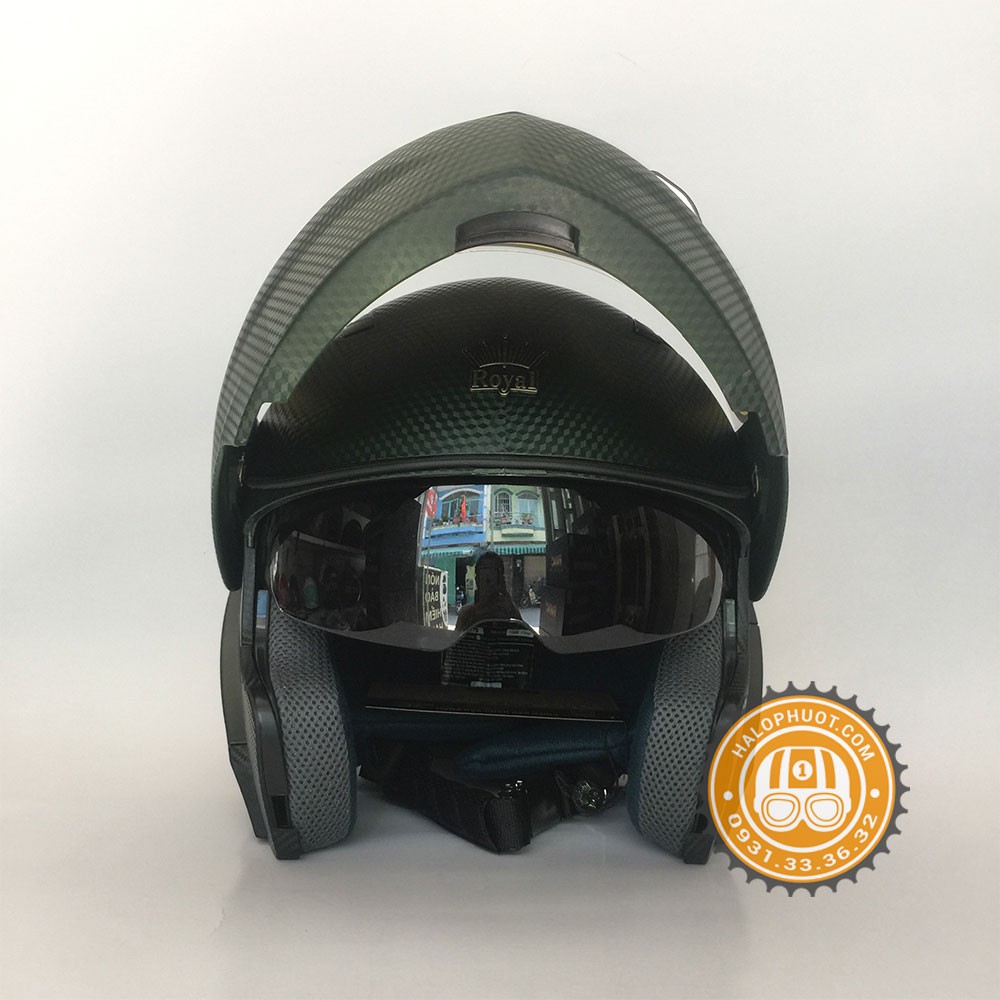 Nón bảo hiểm Fullface Lật hàm 2 kính Royal M179 Rêu vân Carbon (Tặng balo rút)