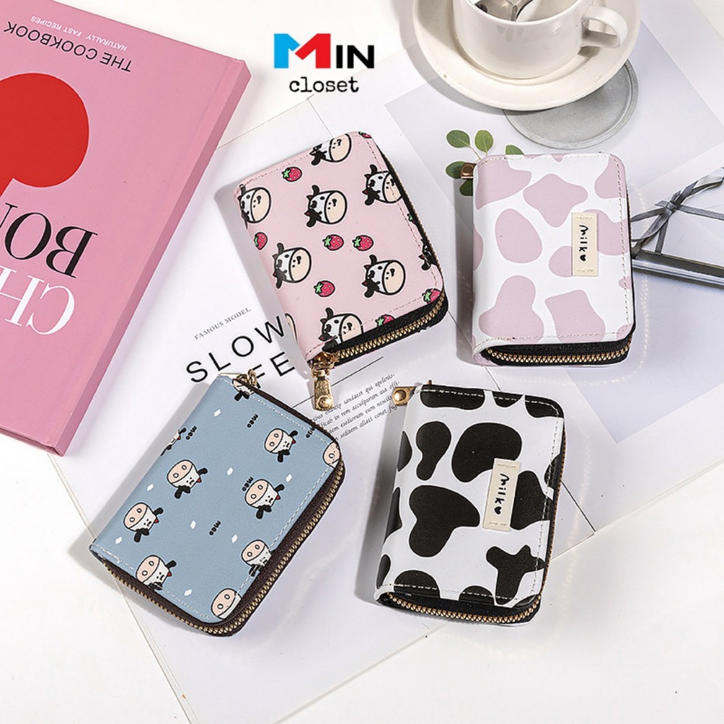 Ví nữ  𝑭𝑹𝑬𝑬𝑺𝑯𝑰𝑷  Ví ngắn mini cầm tay đựng thẻ nhiều ngăn hoạ tiết bò sữa dễ thương Mincloset V15