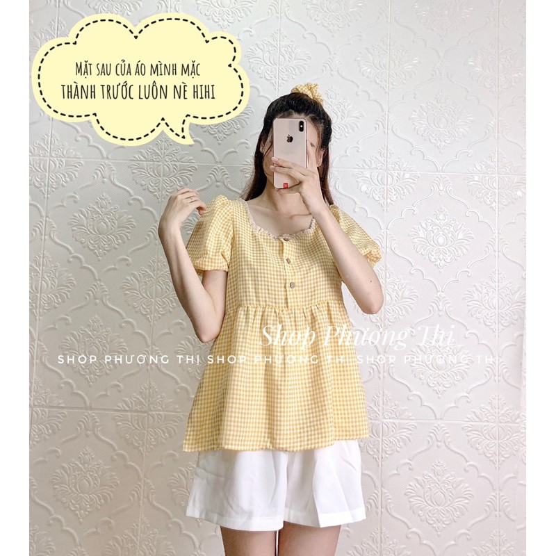 Áo babydoll kẻ tay phồng kèm chun ulzzang (hình thật/sẵn)
