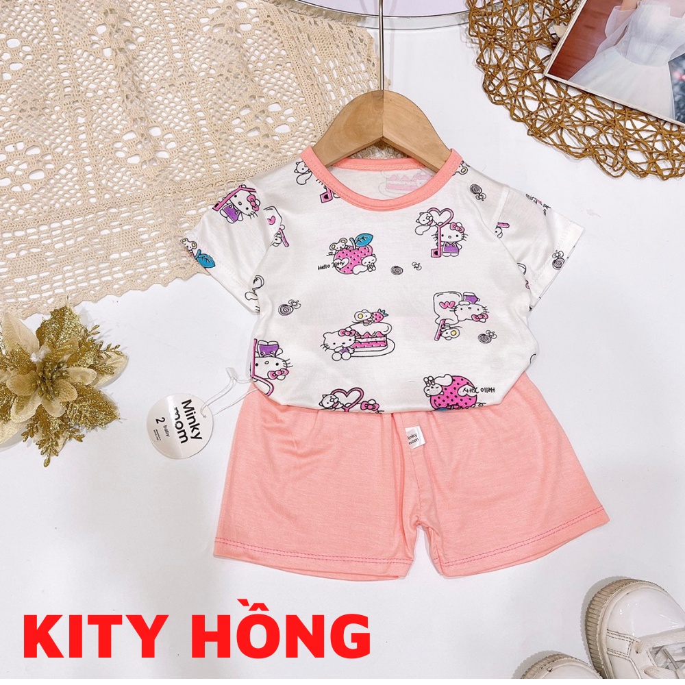 Đồ Bộ Cộc Tay Thun Lạnh Minky Họa Tiết Phối Cổ Viền Quần Màu Cho Bé Trai/ Bé Gái 6-16kg