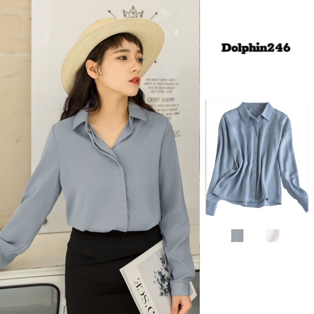 Áo Sơ Mi công sở Nữ form rộng Lụa hàn Kiểu Màu Trắng xanh đẹp dài tay ulzzang vintage hàn quốc cao cấp trơn K7T5-1