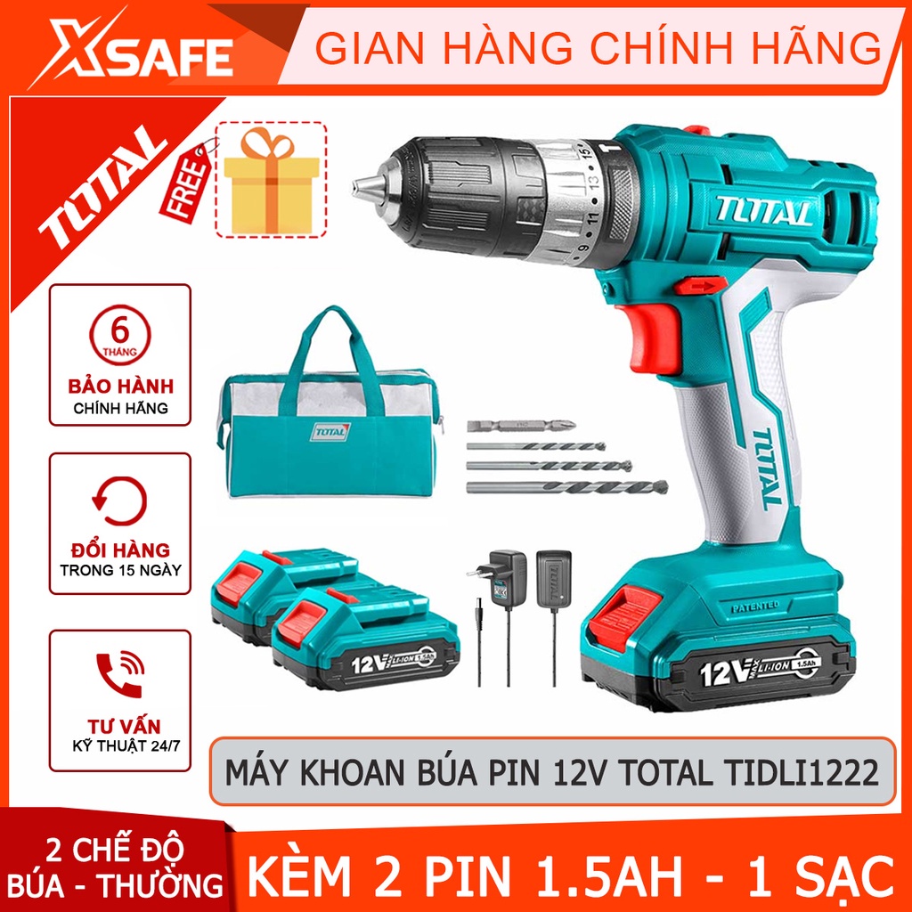 Máy khoan búa vặn vít dùng pin TOTAL 12V TIDLI1222 Máy khoan cầm tay kèm 2 pin 1.5Ah, thay thế tiện lợi - chính hãng