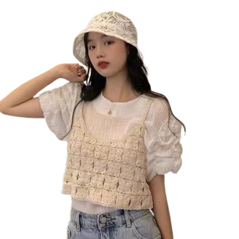 Brroa Ins Áo Crop Top Không Tay Cổ Tròn Ngọt Ngào Phong Cách Boho Mùa Hè Cho Nữ