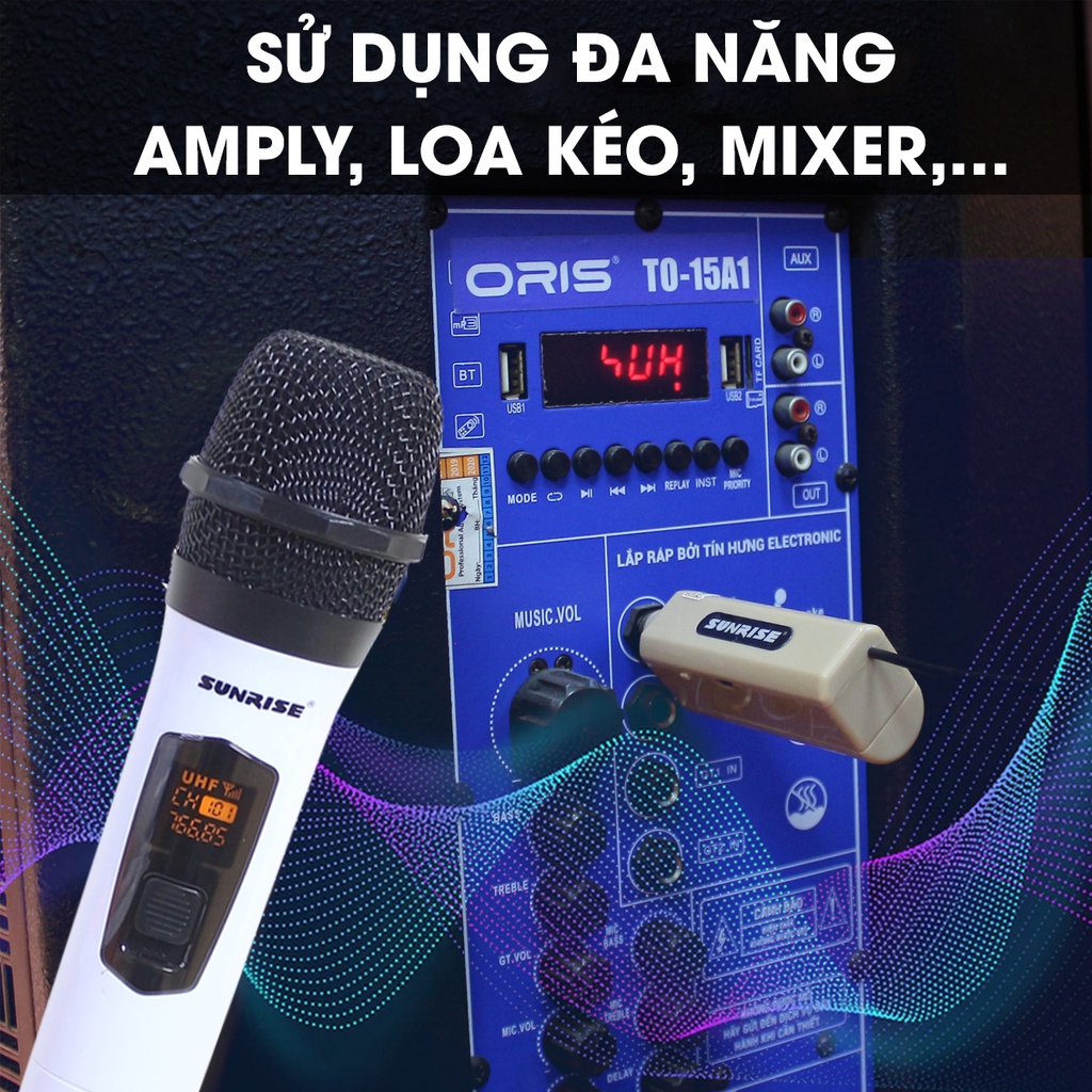 Micro đa năng không dây karaoke Sunrise SM-1/SM-2, mic không dây sóng UHF chống hú, hút giọng sử dụng cho loa kéo, amply