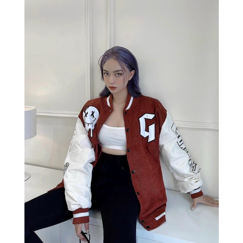 Áo Khoác Bomber Nhung Tăm nam nữ thêu chữ G form cực đẹp, Áo khoác unisex nam nữ