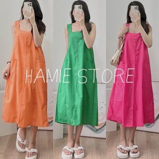Váy 2 dây suông bản to cổ vuông dáng dài HV196, đầm tiểu thư đi biển xếp ly suông 2 túi to