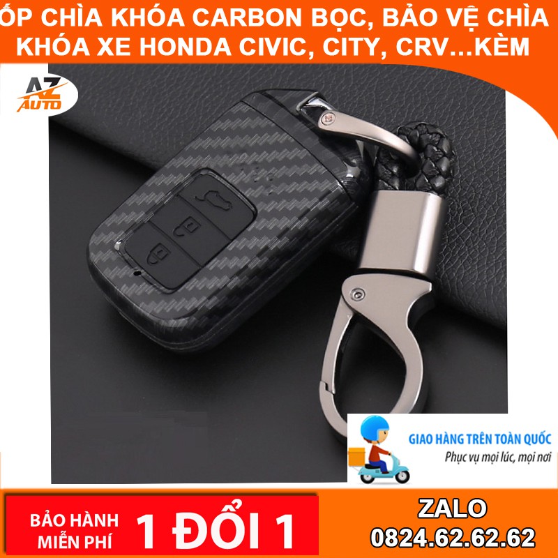 Ốp chìa khóa carbon bọc, bảo vệ chìa khóa xe Honda Civic, City, CRv…kèm móc đeo INOX